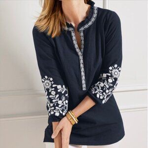 TALBOTS Embroidered Peasant Top Womens XL Navy Blue Henley BohoTee